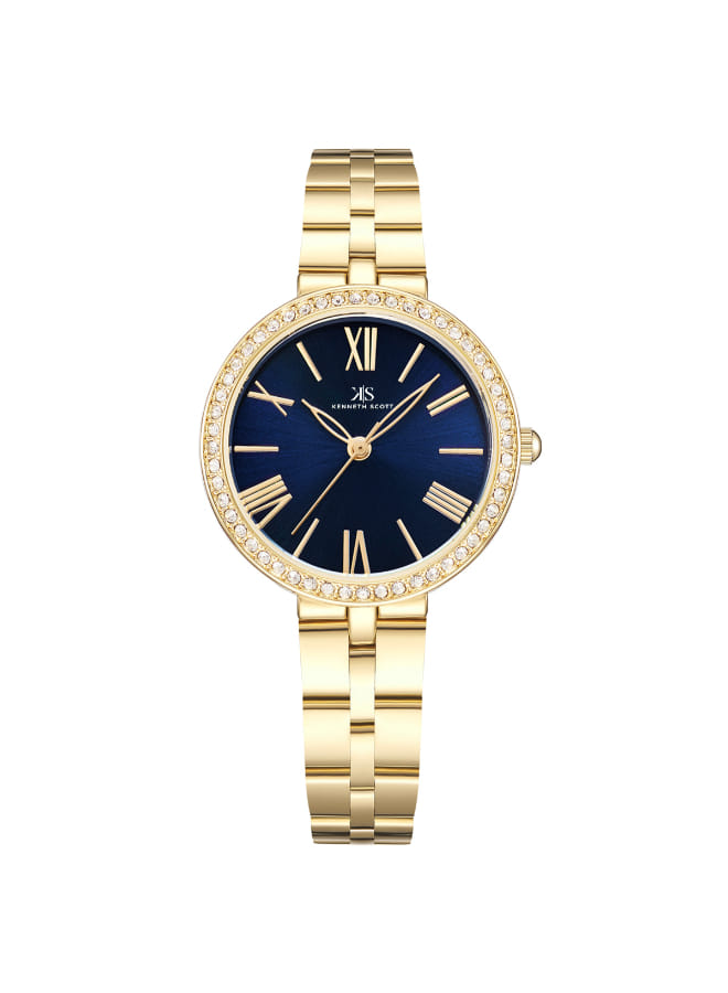 Kenneth Scott Ladies analog Gold Case Gold Metal Band Navy Blue Dial