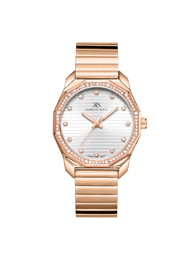 Kenneth Scott Ladies Analog Rose Gold Case Rose Gold Metal Band White Dial
