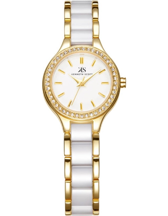 Kenneth Scott Ladies analog Gold Case White Ceramic Band White Dial