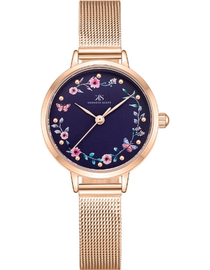Kenneth Scott Ladies analog Rose Gold Case Rose Gold Mesh Band Navy Blue Dial