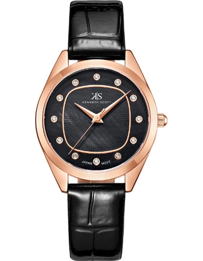 Kenneth Scott Ladies Analog Rose Gold Case Rose Gold Leather Strap Black Dial