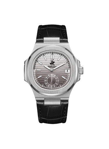 [BP3792X.351] BHPC Gents  MULTIFUNCTION Fn S.S Case BLACK LEATHER Band GUN TO SILVER Dial