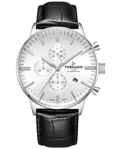 [T6102-SLBW] Tornado Gents Chrono silver case Black leather white dial