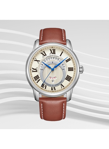 [K24020-SLDI] Kenneth Scott Gents Analog Silver Case D.Brown Leather Strap Ivory Dial