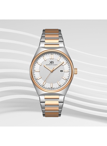 [K24016-KBKW] Kenneth Scott Gents Analog Silver/RG Case Silver/RG Bracelet Band White Dial