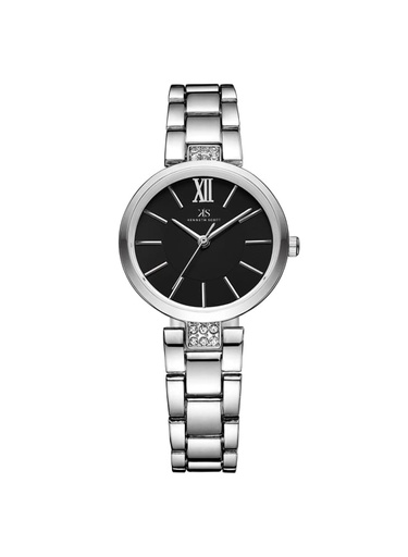 [K23533-SBSB] Kenneth Scott Ladies analog Silver Case Silver Metal Band Black Dial