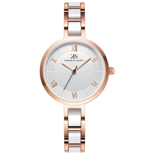 [K22521-KCWW] Kenneth Scott Ladies Analog TT RG/Silver Case White Ceramic Band White Dial
