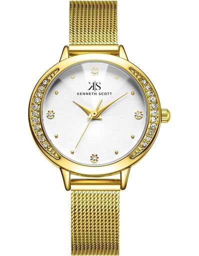 [K22523-GMGW] Kenneth Scott Ladies Analog Gold Case Gold Mesh band White Dial