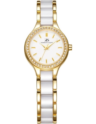 [K23509-GCWW] Kenneth Scott Ladies analog Gold Case White Ceramic Band White Dial
