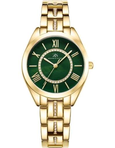 [K23510-GBGH] Kenneth Scott Ladies analog Gold Case Gold Metal Band O.Green Dial