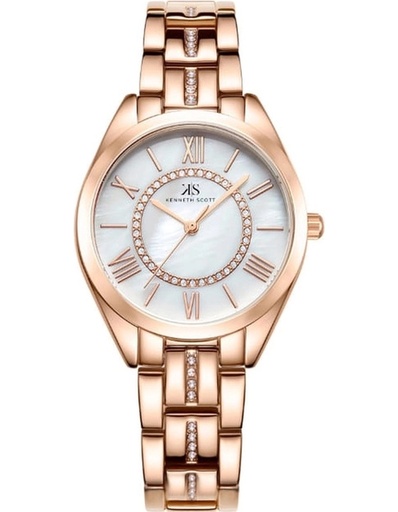 [K23510-RBKW] Kenneth Scott Ladies analog Rose Gold Case Rose Gold Metal Band White Dial