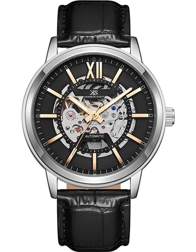 [K24323-SLBBK] Kenneth Scott Gents Automatic Silver Case Black Leather Strap Black Dial