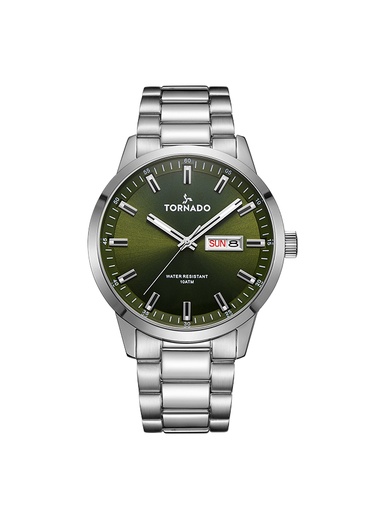 [T23001-SBSH] Tornado Gents 3H day-date Analog  Fn Silver Case Silver Bracelet Military green sunray dial